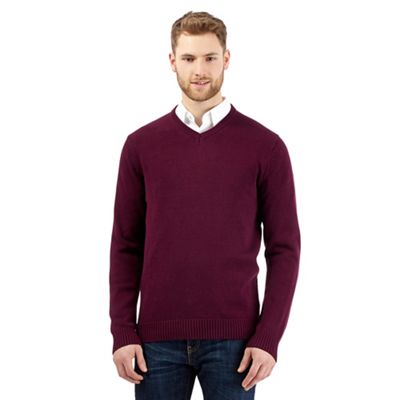 Big and tall plum knitted v neck jumper